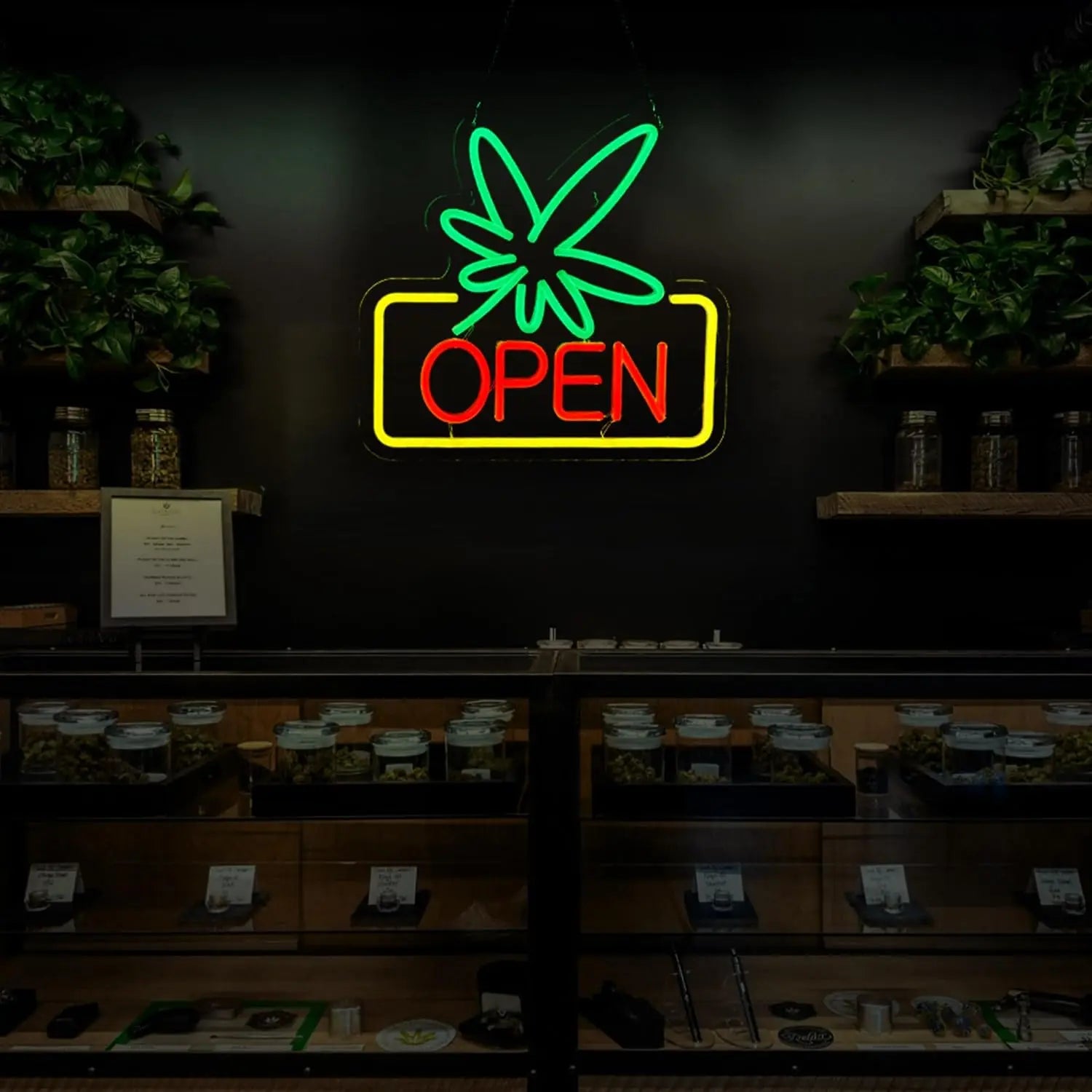 Leaf Weed OPEN Neon Text Sign