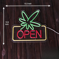Leaf Weed OPEN Neon Text Sign