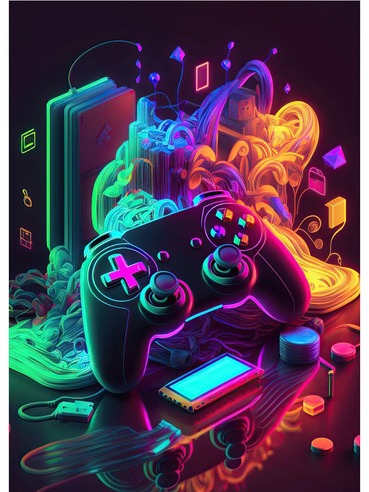 Neon Colorful Gamer Controller Canvas Painting Posters (No LED)
