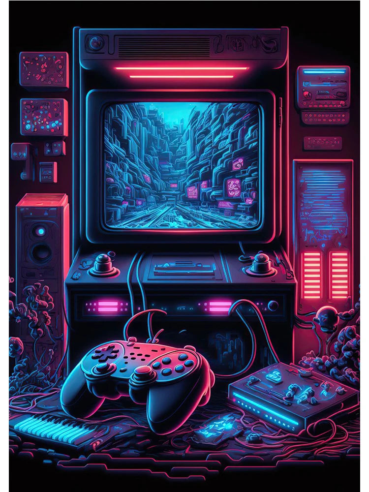 Neon Colorful Gamer Controller Canvas Painting Posters (No LED)