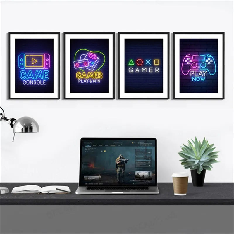 Neon Video Game Icon Canvas Poster (No LED)