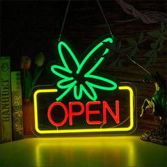 Leaf Weed OPEN Neon Text Sign