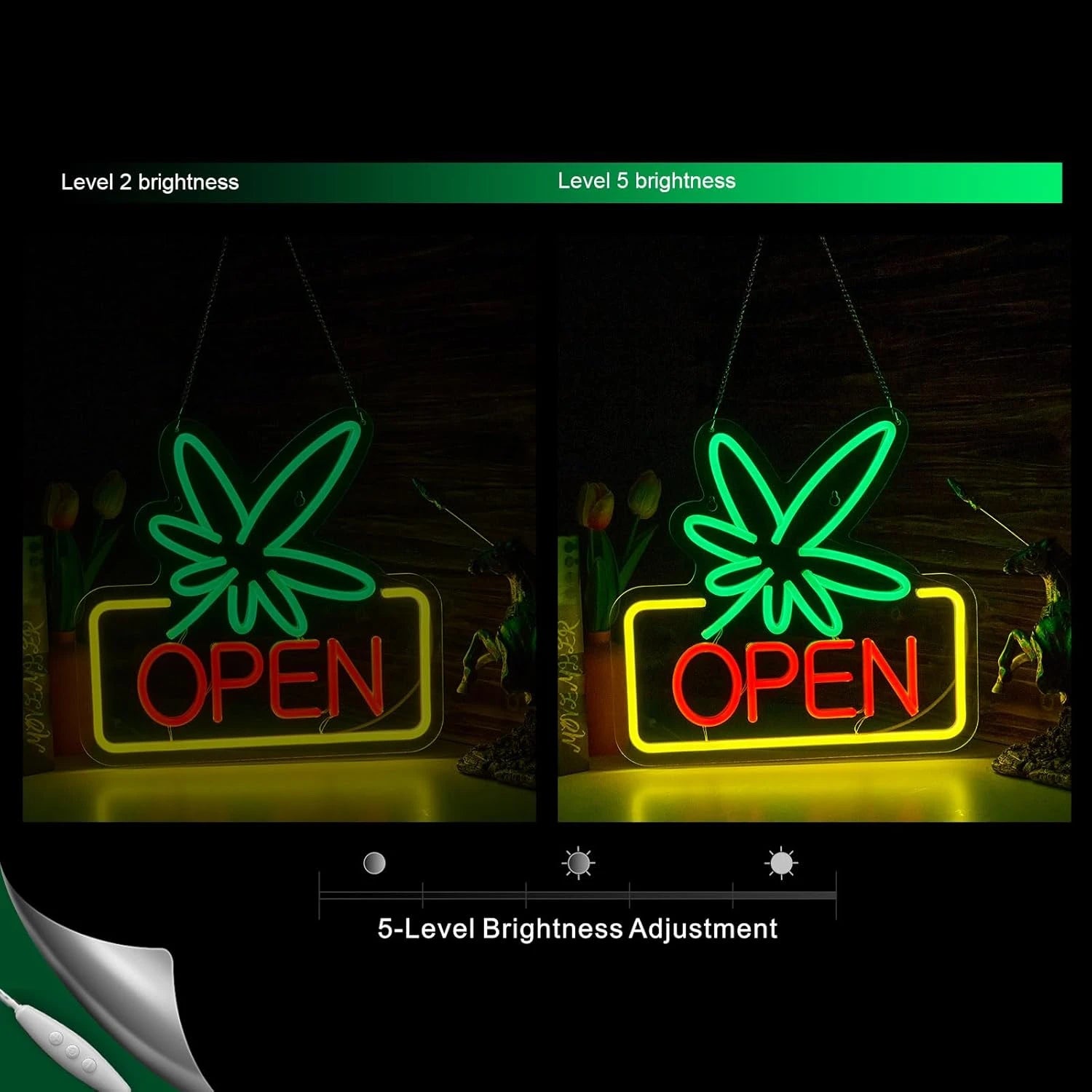 Leaf Weed OPEN Neon Text Sign