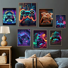 Neon Colorful Gamer Controller Canvas Painting Posters (No LED)