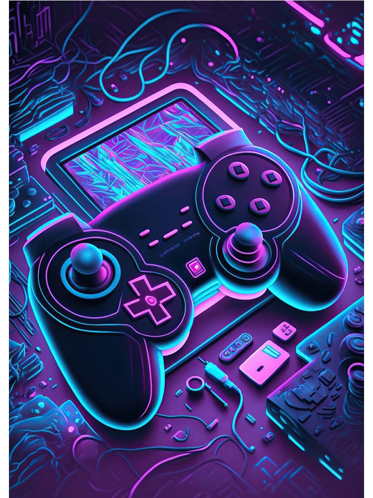 Neon Colorful Gamer Controller Canvas Painting Posters (No LED)