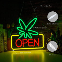 Leaf Weed OPEN Neon Text Sign