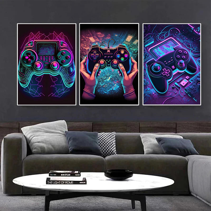 Neon Colorful Gamer Controller Canvas Painting Posters (No LED)