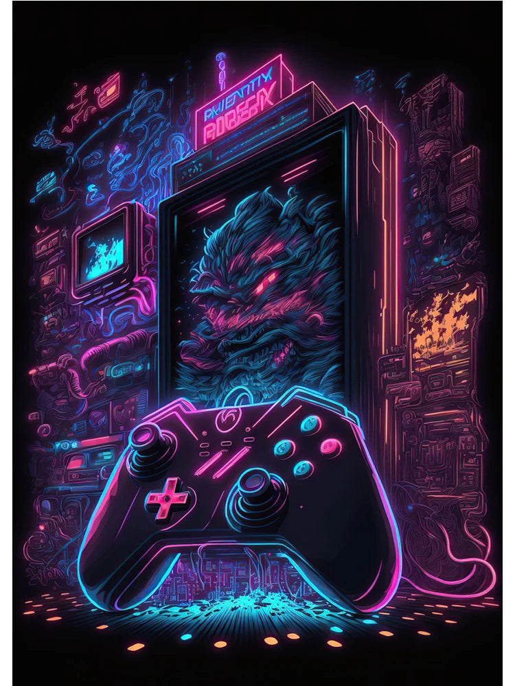 Neon Colorful Gamer Controller Canvas Painting Posters (No LED)
