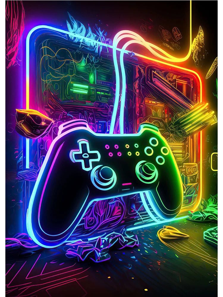 Neon Colorful Gamer Controller Canvas Painting Posters (No LED)